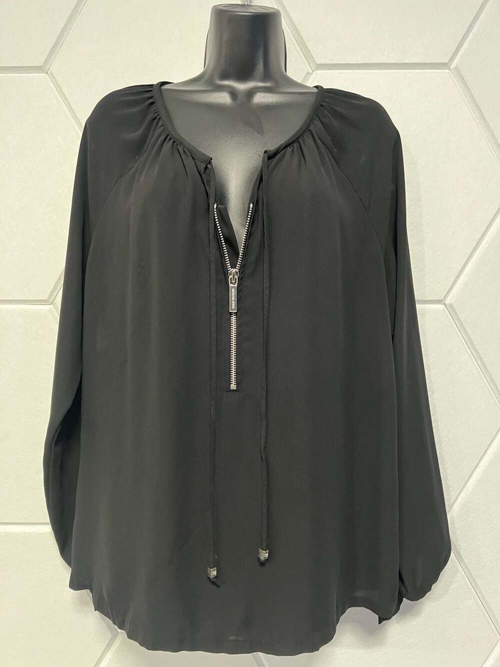 Michael Kors Black Zip-Front Gathered Neck Long Sleeve Blouse